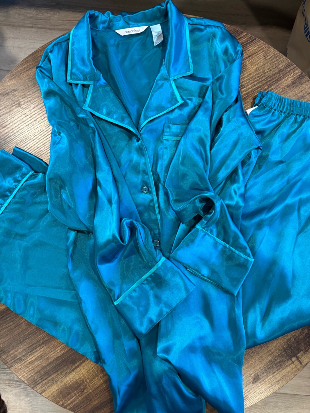delicates Teal Satin Button-Down Blouse